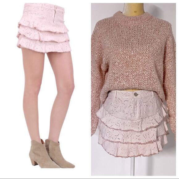 Isabel Marant Pink Eyelet Embroidery Ruffle Mini Skirt Size 38